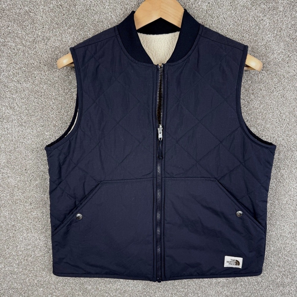 The North Face Womens Large Reversible Quilted Sherpa Fleece Vest Navy Blue